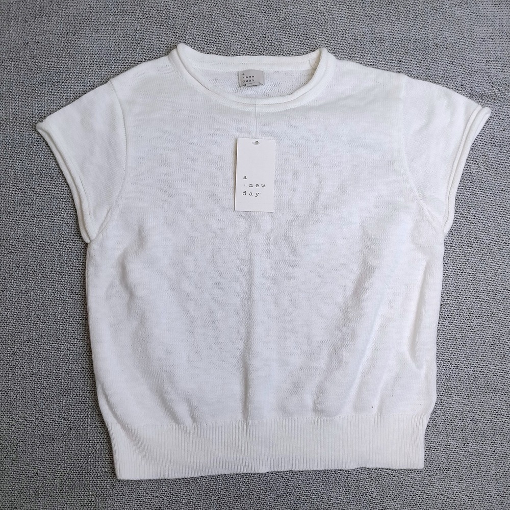 A New Day Short Sleeve Sweater Womens XS White New 100% Cotton Crew Neck Ribbed